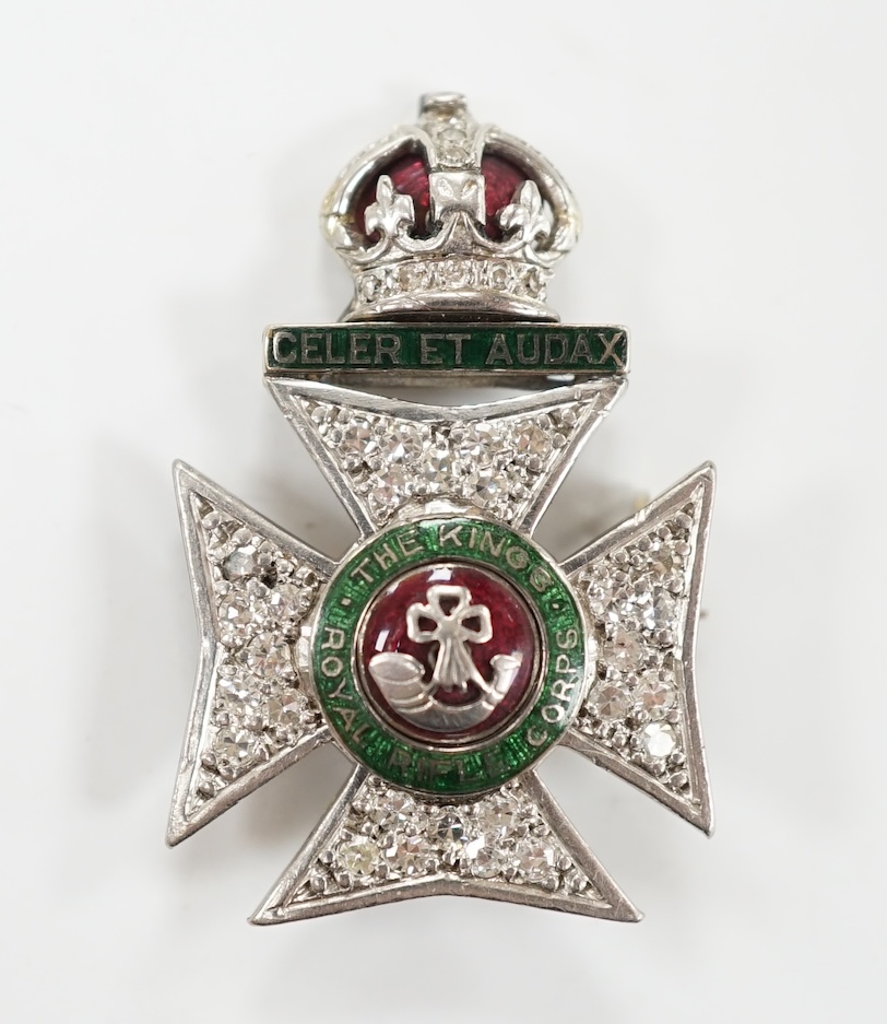 An early to mid 20th century 18ct and plat. enamel and diamond cluster set The King's Royal Rifle Corps sweethearts brooch, 30mm, gross weight 7.8 grams. Condition - good